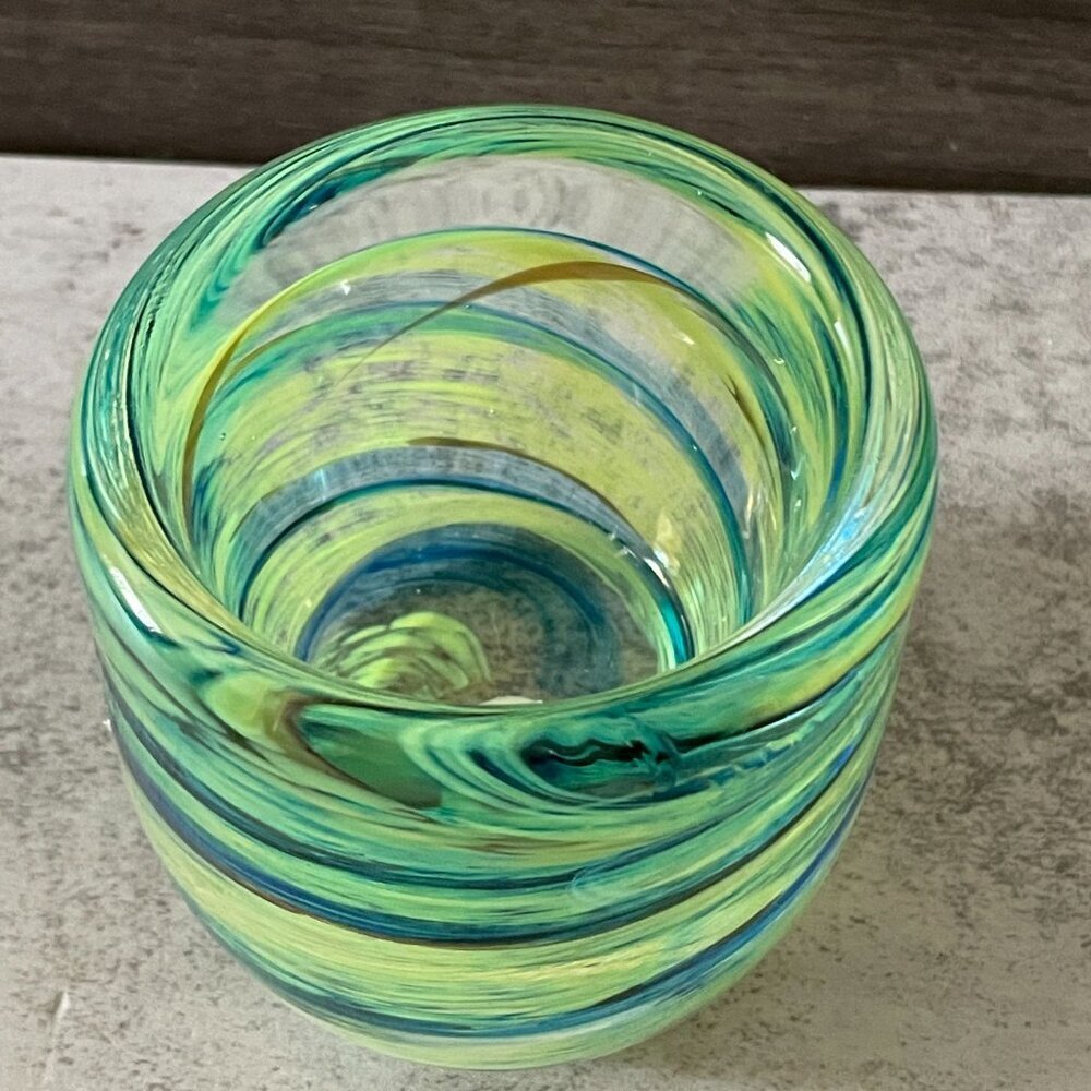 NWL Selkirk Art Glass Green Blue Swirl Votive Candleholder Handmade Scotland 3" - Picture 5 of 5
